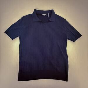 Karl Lagerfeld Paris Ribbed Knit Polo Shirt Navy 100% Cotton Short Sleeve L